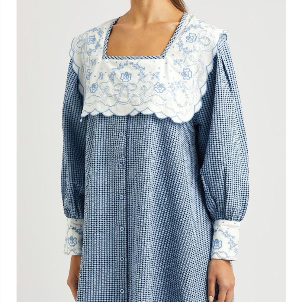 Damson Madder Blue Checkered Seer Sucker Mini Dress with Embroidery